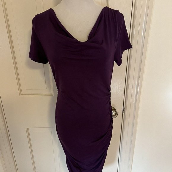 NWT Patty Boutik Purple Draped Cowl Neck Short Sleeve Dress Rusched Sides Size s - Picture 2 of 10